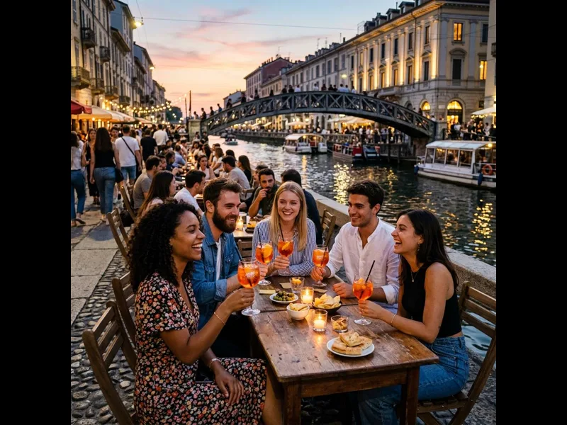 Aperitivo drinks and antipasti spread at a Navigli bar in Milan at sunset