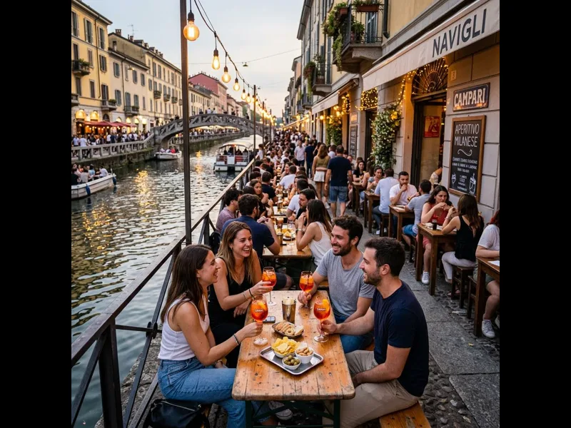 Canal-side aperitivo bar on Naviglio Grande at sunset