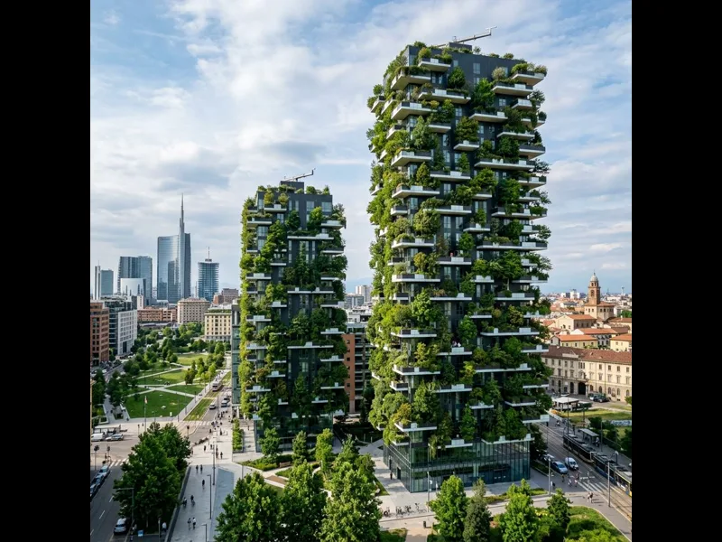 Bosco Verticale twin towers covered in trees and plants in Milan's Porta Nuova district