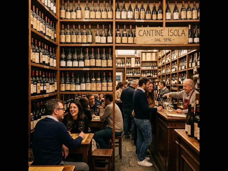 Historic wine shop interior with floor-to-ceiling shelves at Cantine Isola Milan