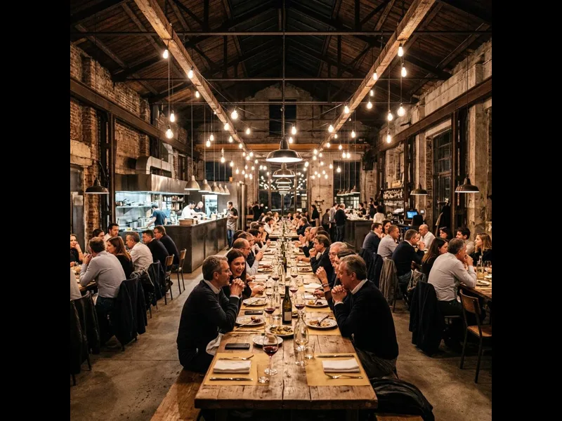 Long communal dining table inside converted sawmill at Carlo e Camilla in Segheria Milan