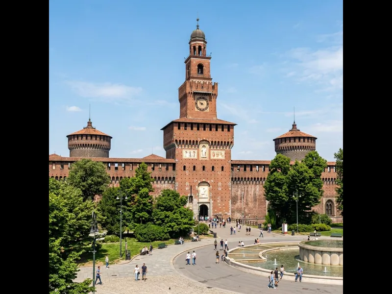 Castello Sforzesco fortress seen from Piazza Castello in Milan