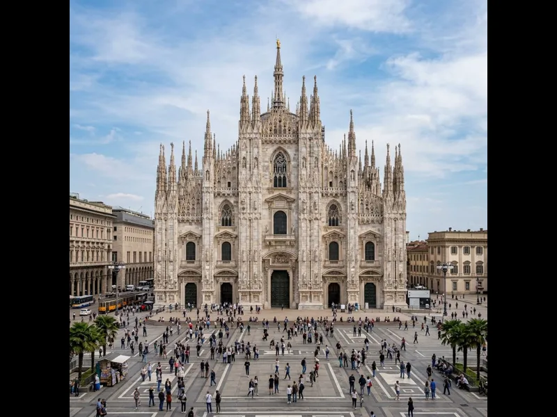Milan Duomo cathedral with Gothic spires seen from Piazza del Duomo