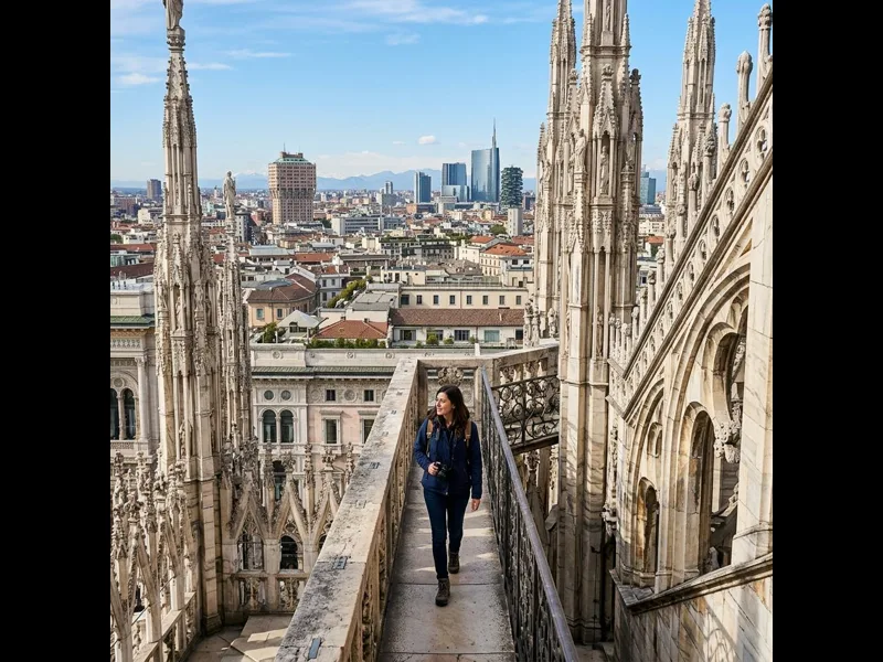Gothic spires of Milan Duomo rooftop with city views and Alps in the distance