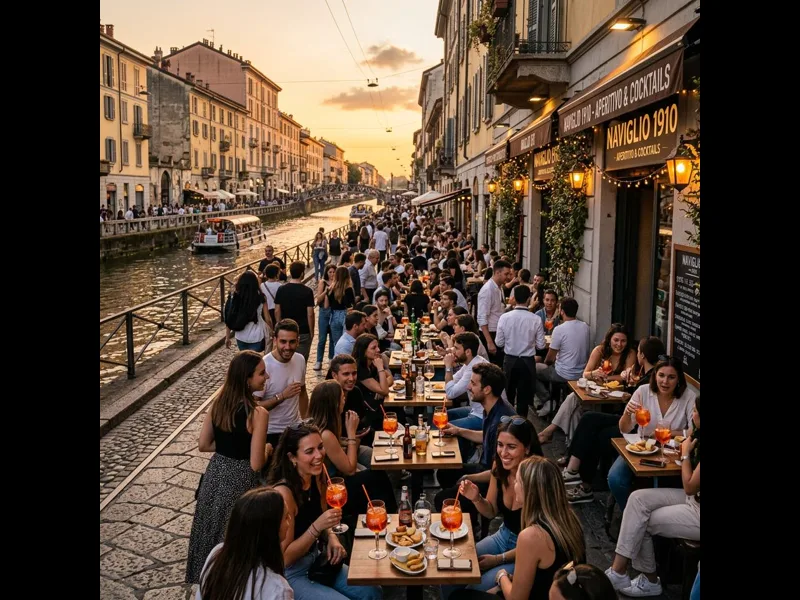 El Brellin restaurant terrace over Naviglio Grande canal at dusk
