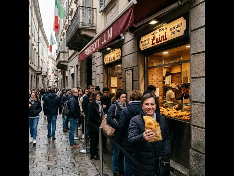 Fried panzerotti street food being eaten outside Luini in Milan city centre