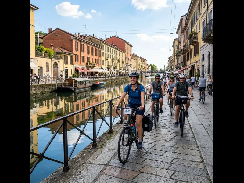 Cyclists on a guided bike tour through Milan's historic streets and canals