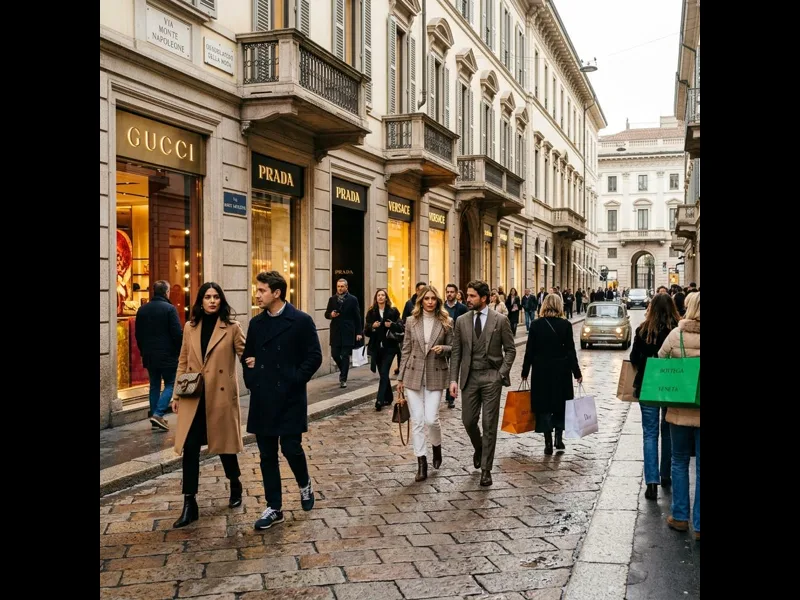 Via Montenapoleone luxury fashion street in Milan with designer boutiques
