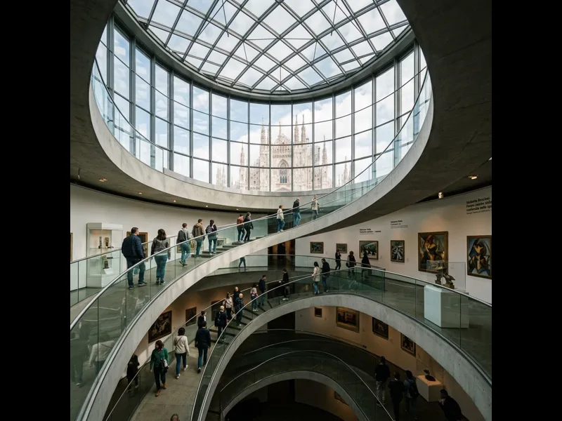 Museo del Novecento with view of Piazza del Duomo from its glass facade in Milan