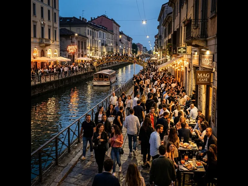 Naviglio Grande canal lined with lit-up bars and restaurants at night in Milan