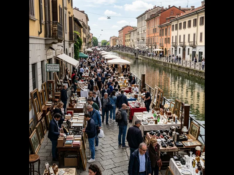 Antique dealers lining Naviglio Grande canal for the Sunday market in Milan