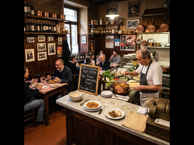 Cosy osteria interior with wooden tables and carafe of house wine in Milan