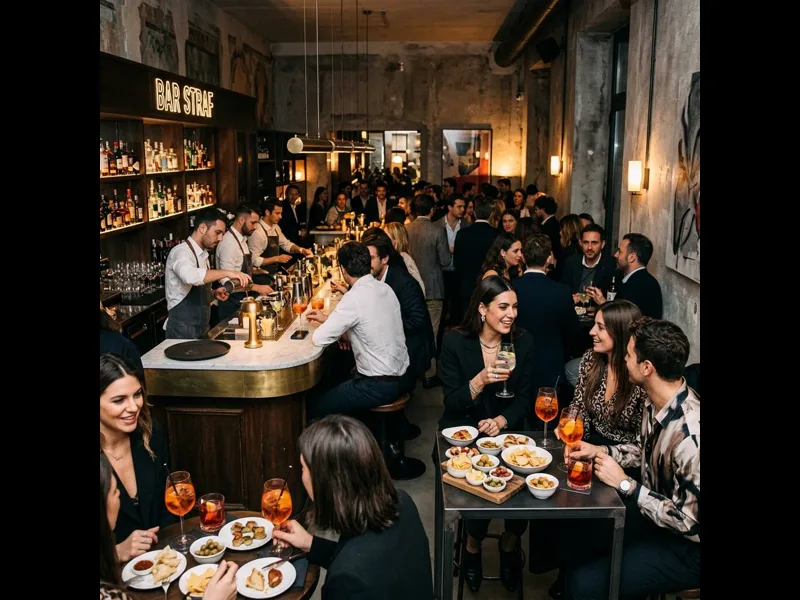 Sophisticated cocktail bar interior in Milan city centre during aperitivo hour
