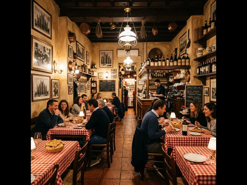 Classic trattoria interior with white tablecloths in historic Milan