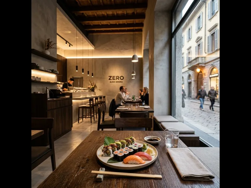 Minimalist Japanese restaurant interior at Zero Restaurant in Brera Milan