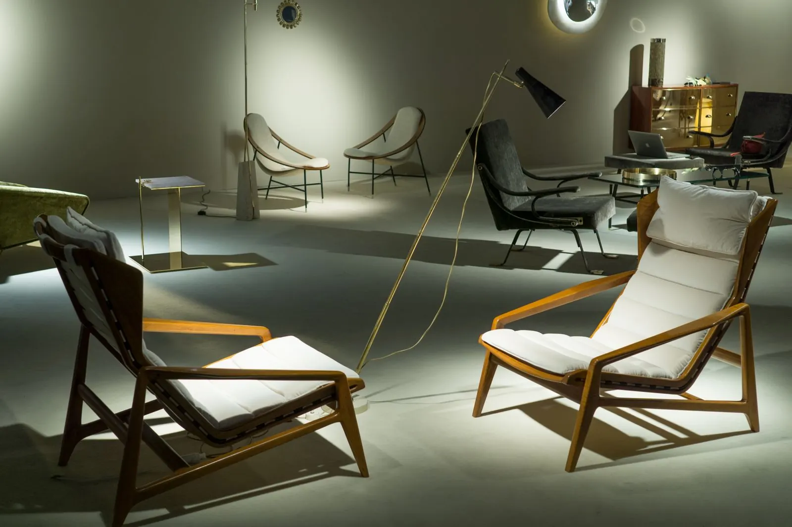 Contemporary chairs displayed in a design exhibition room