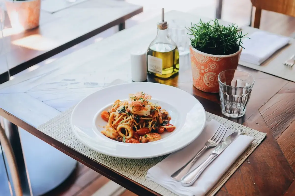 Seafood pasta on a restaurant table