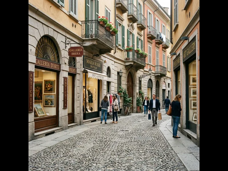 Cobblestone street in Brera neighbourhood with art gallery windows