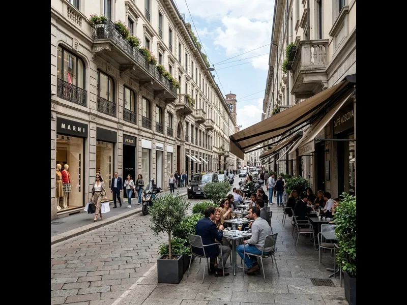 Evening aperitivo scene on a Moscova street with outdoor bar seating