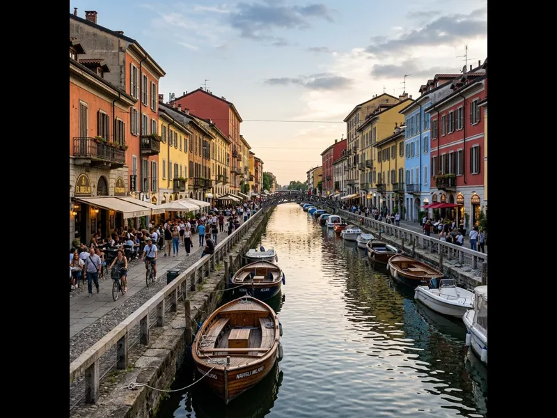 Naviglio Grande canal at golden hour with aperitivo bars lining the waterfront