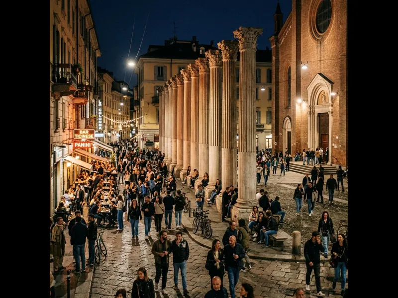 Roman columns of San Lorenzo Maggiore lit up at night in Ticinese Milan